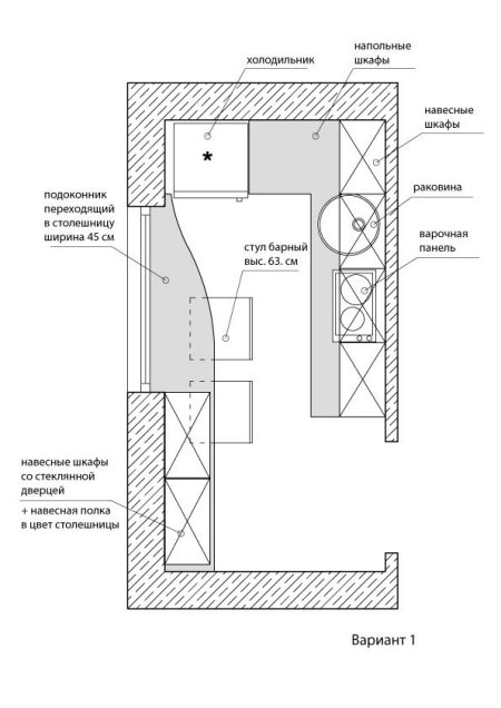 Планировка в узкой кухне